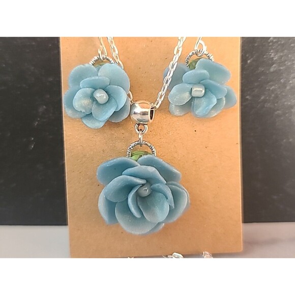 Blue Floral Polymer Clay Jewelry Set, NEW - Picture 2 of 10